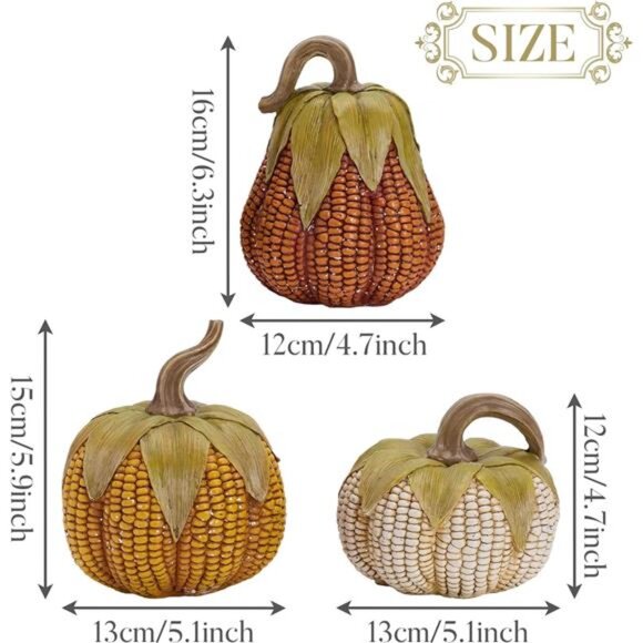 Pumpkins Fall Table Decor, Set of 3 Corn Resin Figurines for Autumn Centerpieces - Picture 3 of 7